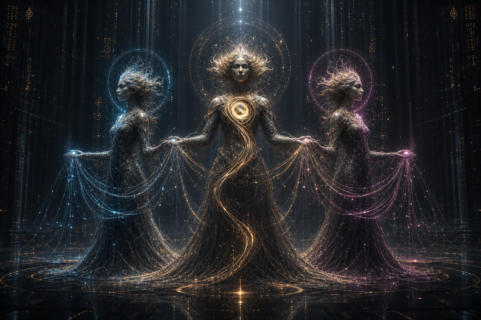 Three cybernetic Norns holding luminous threads that connect a distributed system.